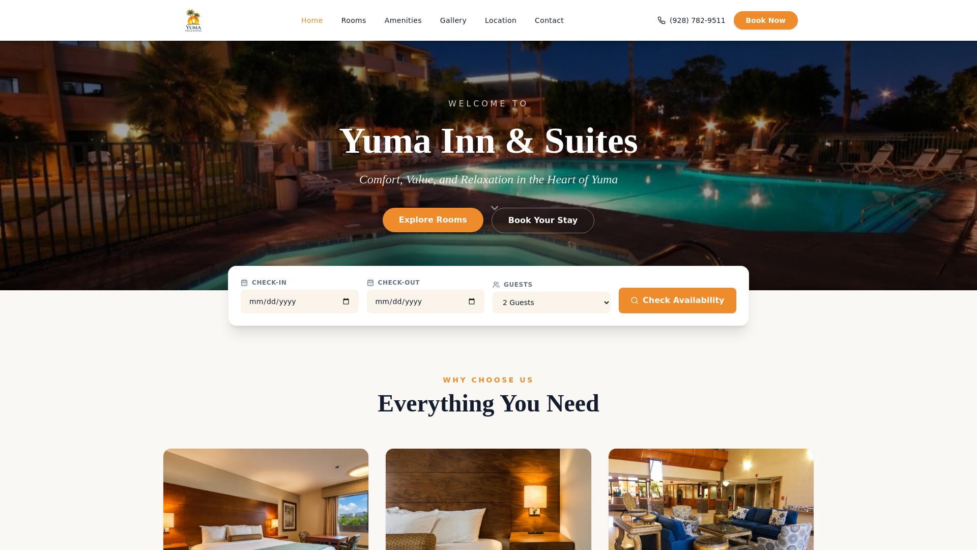 website screenshot of https://yumainnandsuites.com
