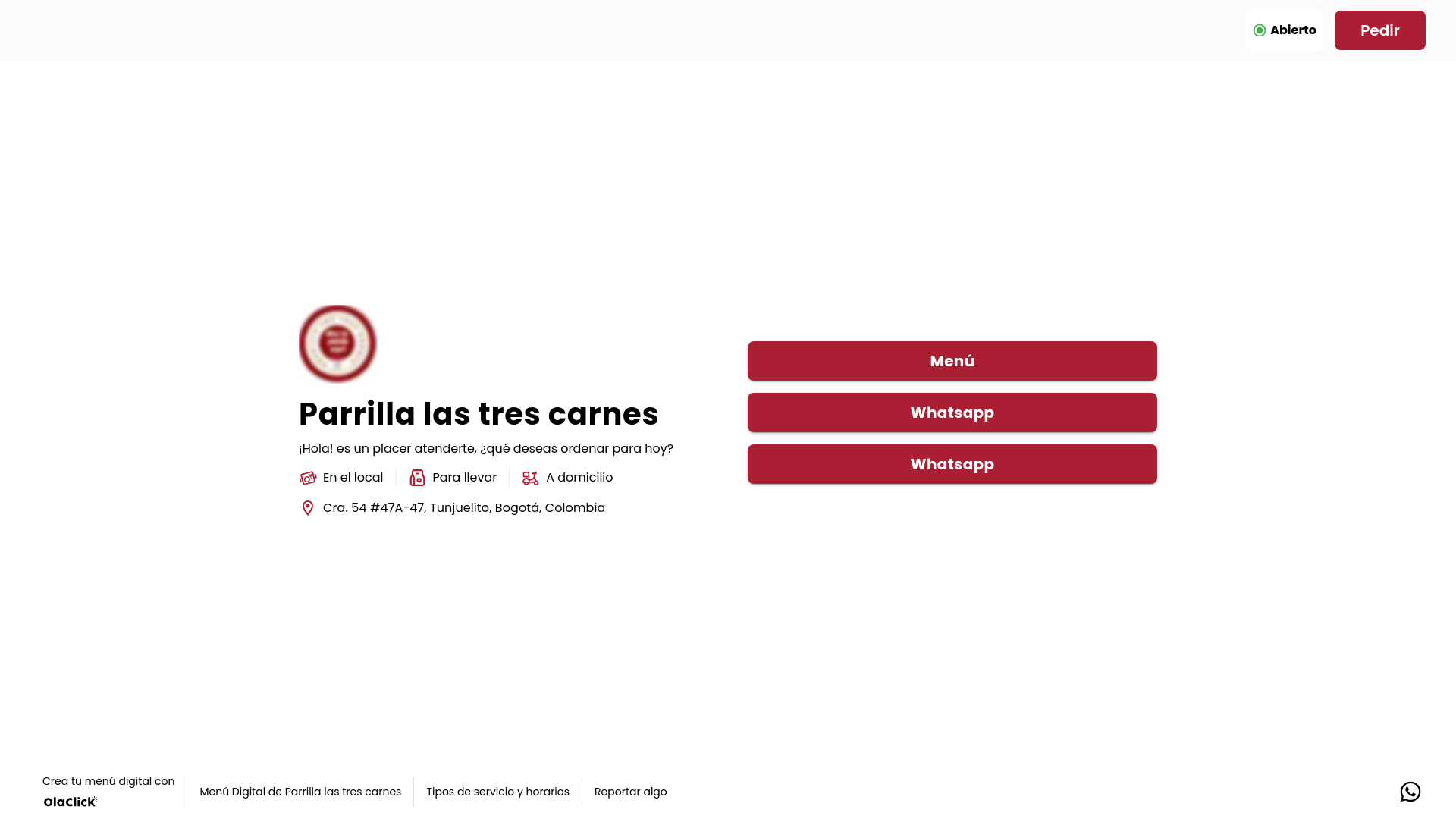 website screenshot of https://parrillalastrescarnes.com
