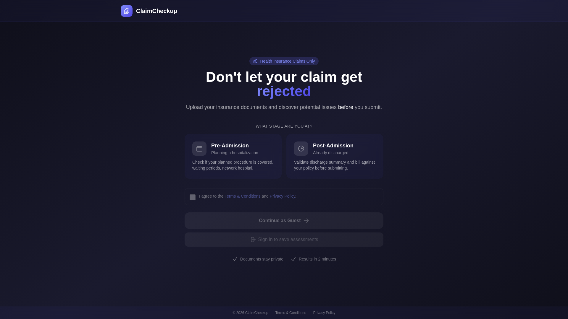 website screenshot of https://claimcheckup-staging.pages.dev/