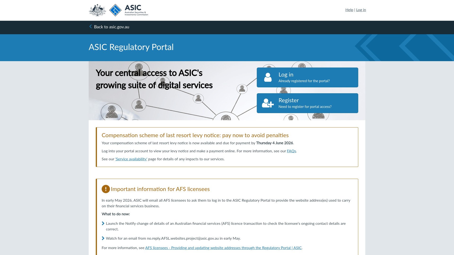 website screenshot of https://regulatoryportal.asic.gov.au/