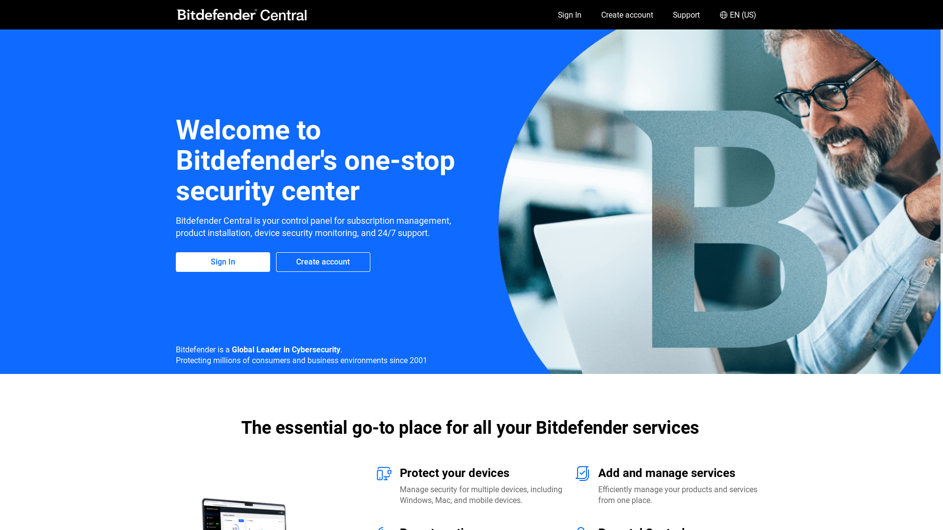 website screenshot of https://central.bitdefender.com/home