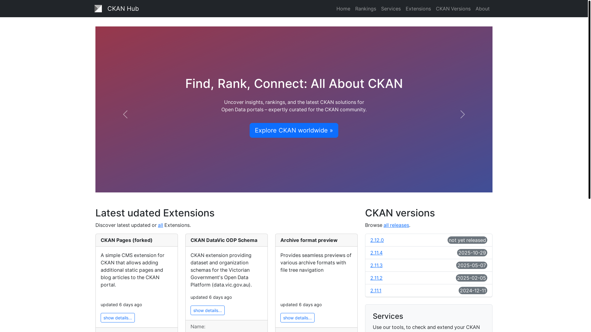 website screenshot of https://ckan-hub.org/