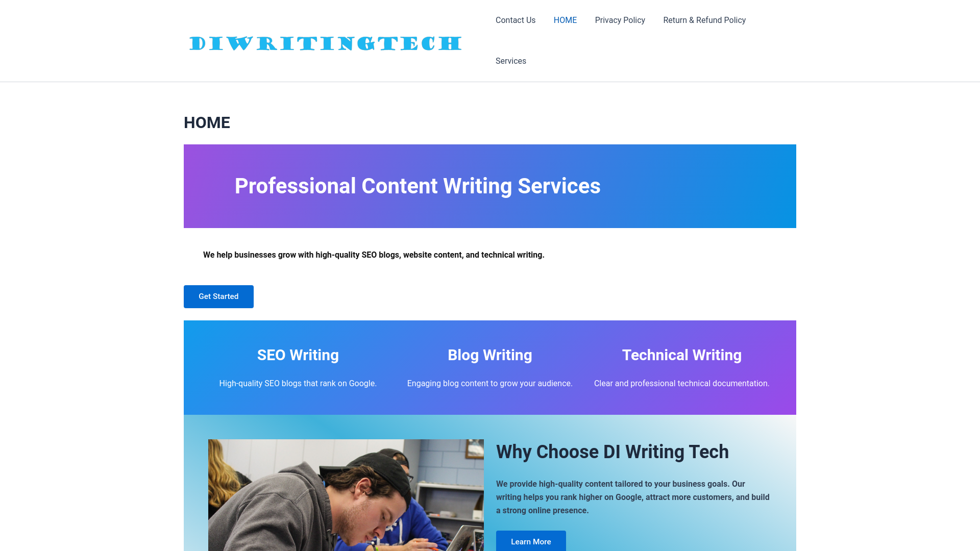 website screenshot of https://diwritingtech.com