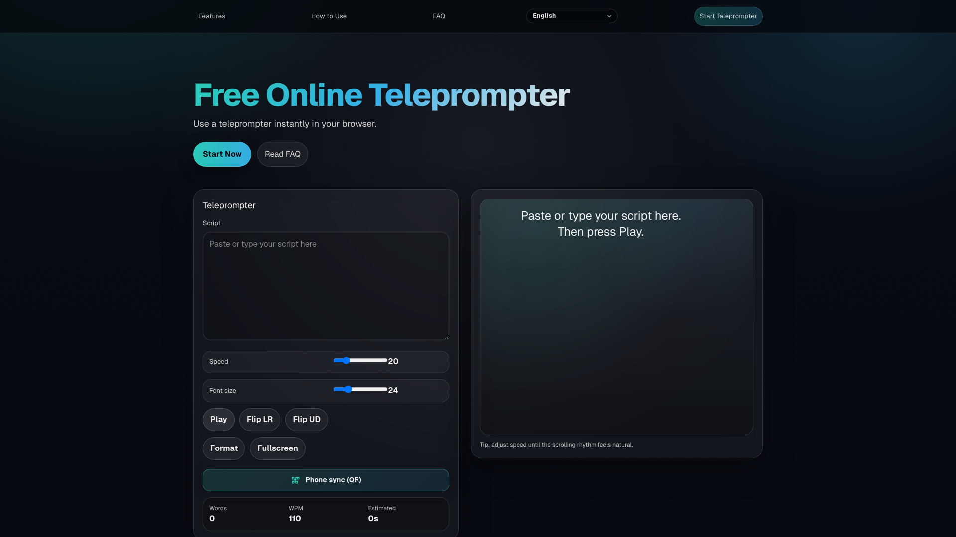 website screenshot of https://free-online-teleprompter.com