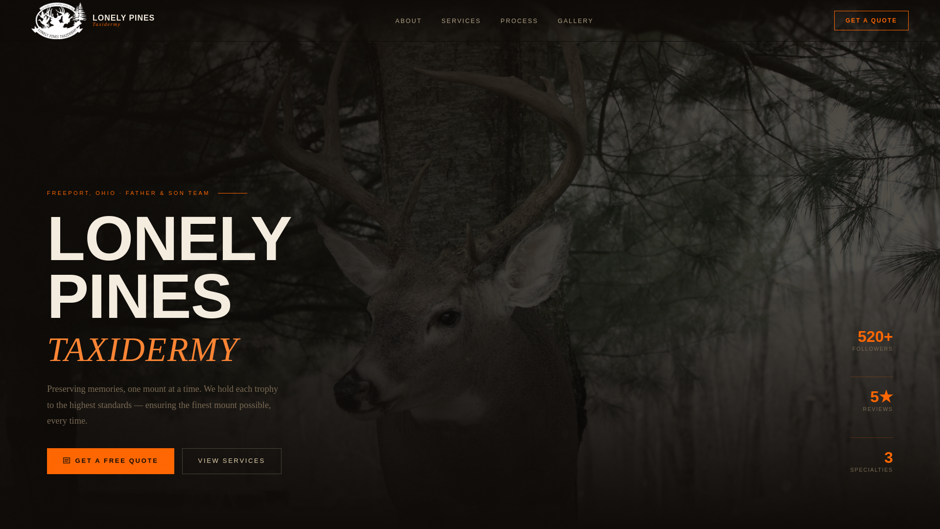 website screenshot of https://lonelypinestaxidermy.com