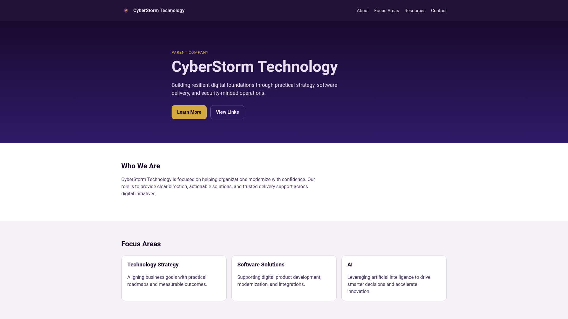 website screenshot of https://cyberstormtechnology.com