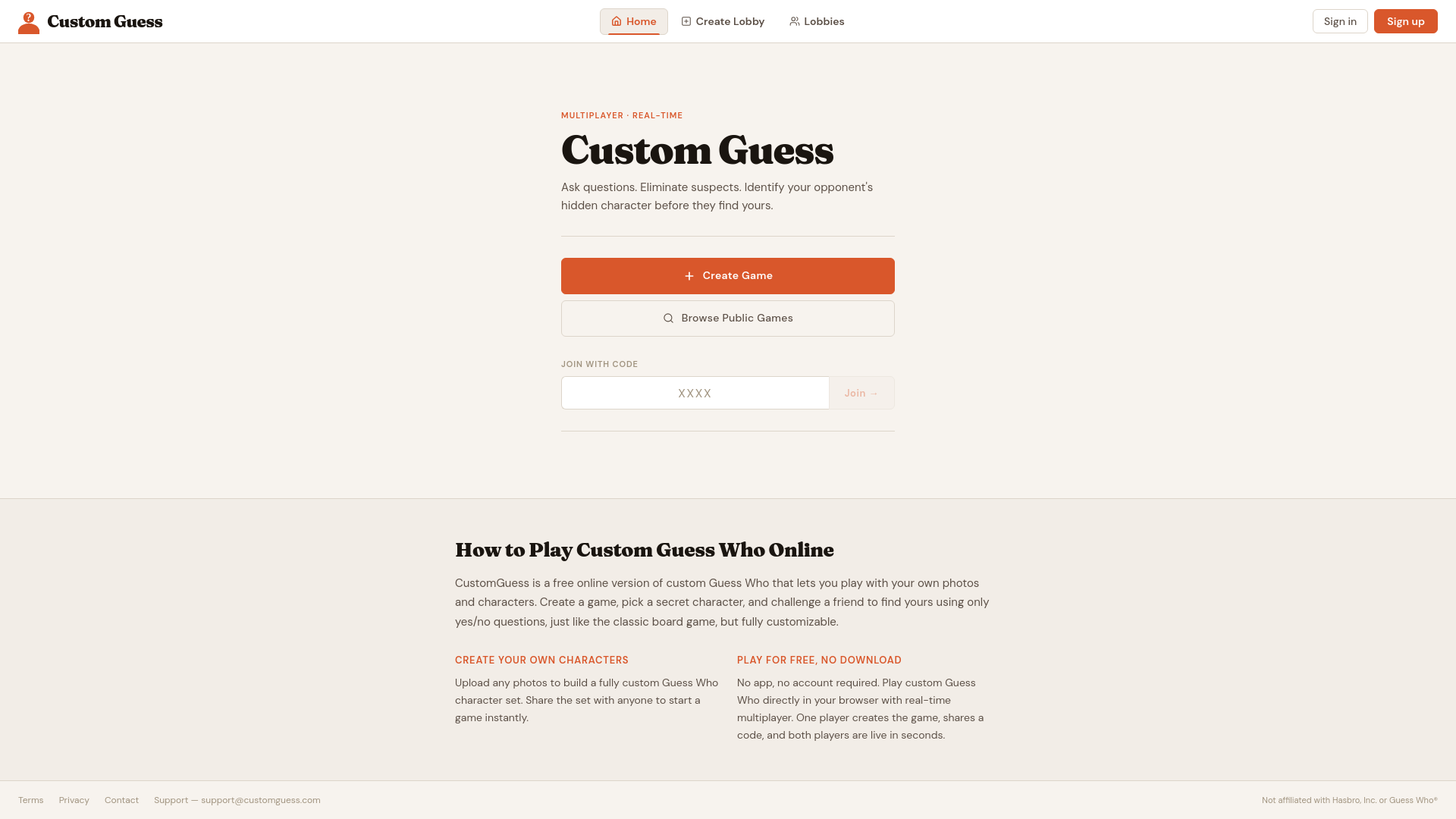 website screenshot of https://customguess.com/