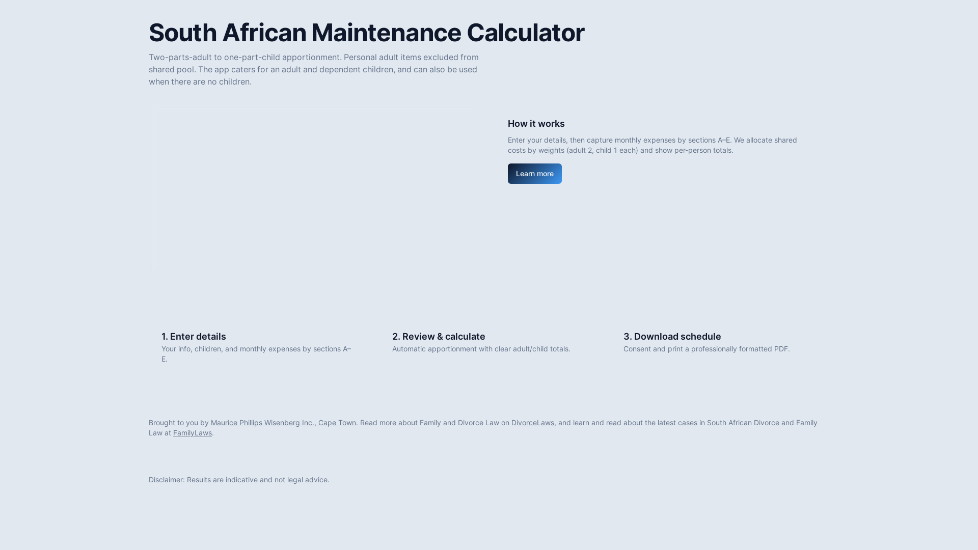 website screenshot of https://maintenancecalculator.co.za/