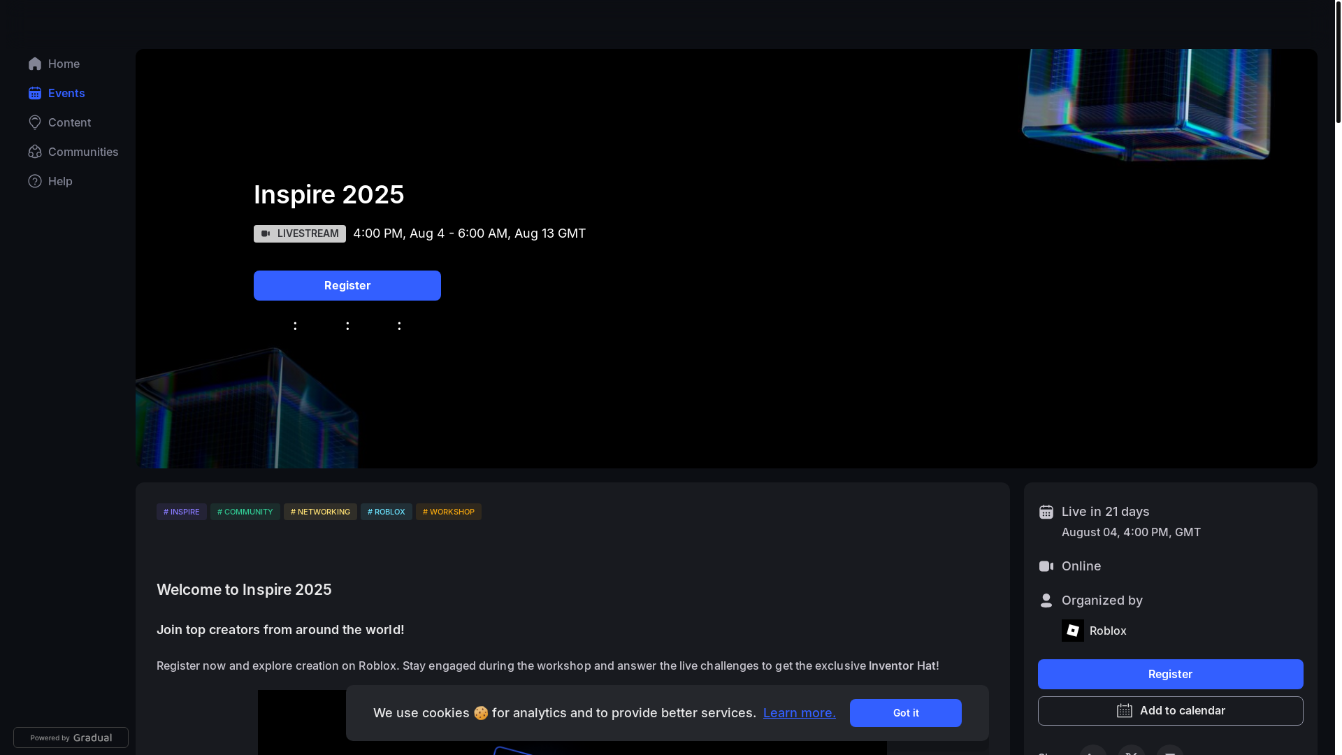 website screenshot of https://events.roblox.com/public/events/inspire25?agenda_day=686590f92076044737c31643&agenda_track=686590f92076044737c31659&agenda_stage=686590f92076044737c3164a&agenda_filter_view=stage&agenda_view=list