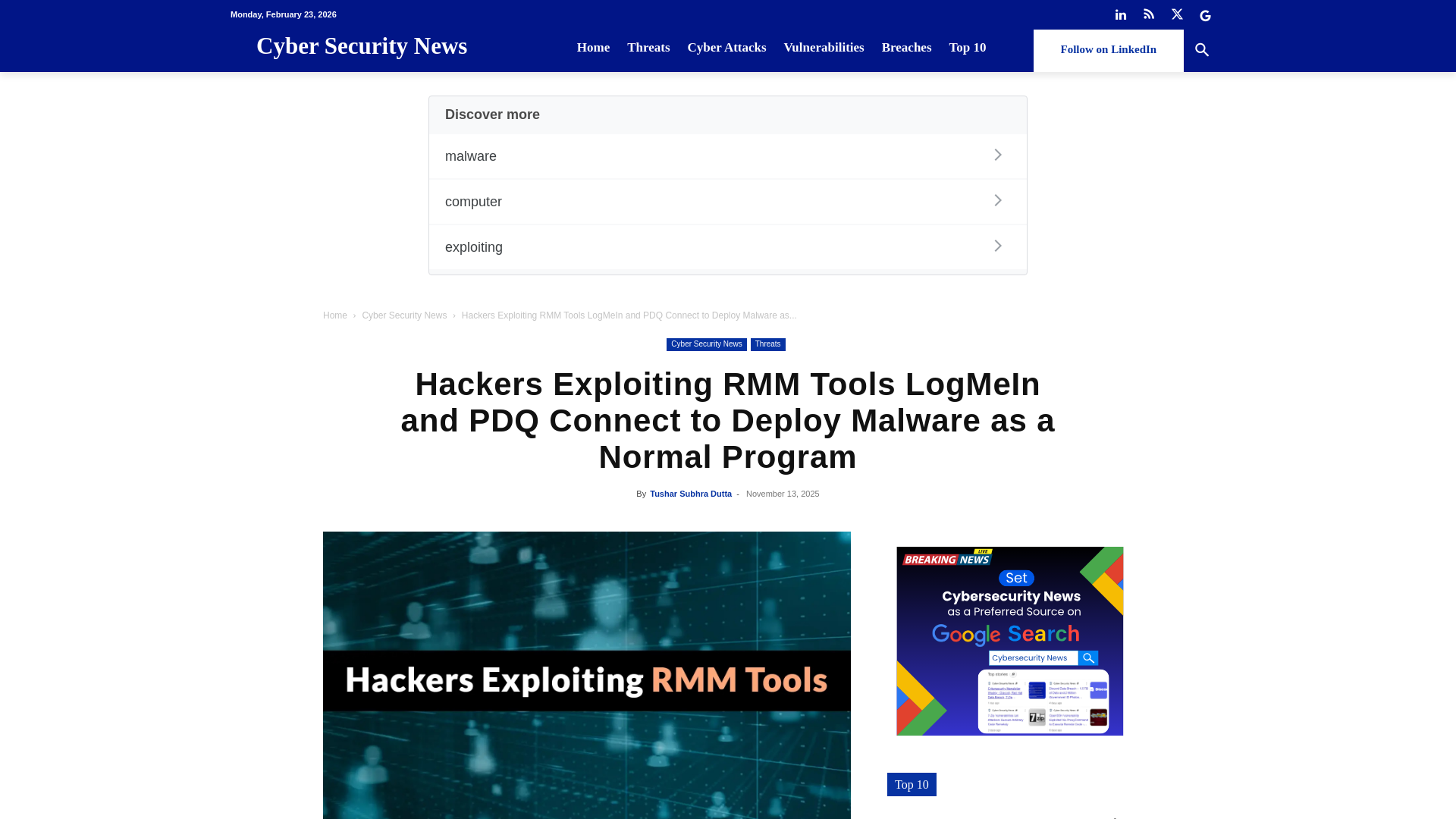 website screenshot of https://cybersecuritynews.com/hackers-exploiting-rmm-tools-logmein-and-pdq-connect/