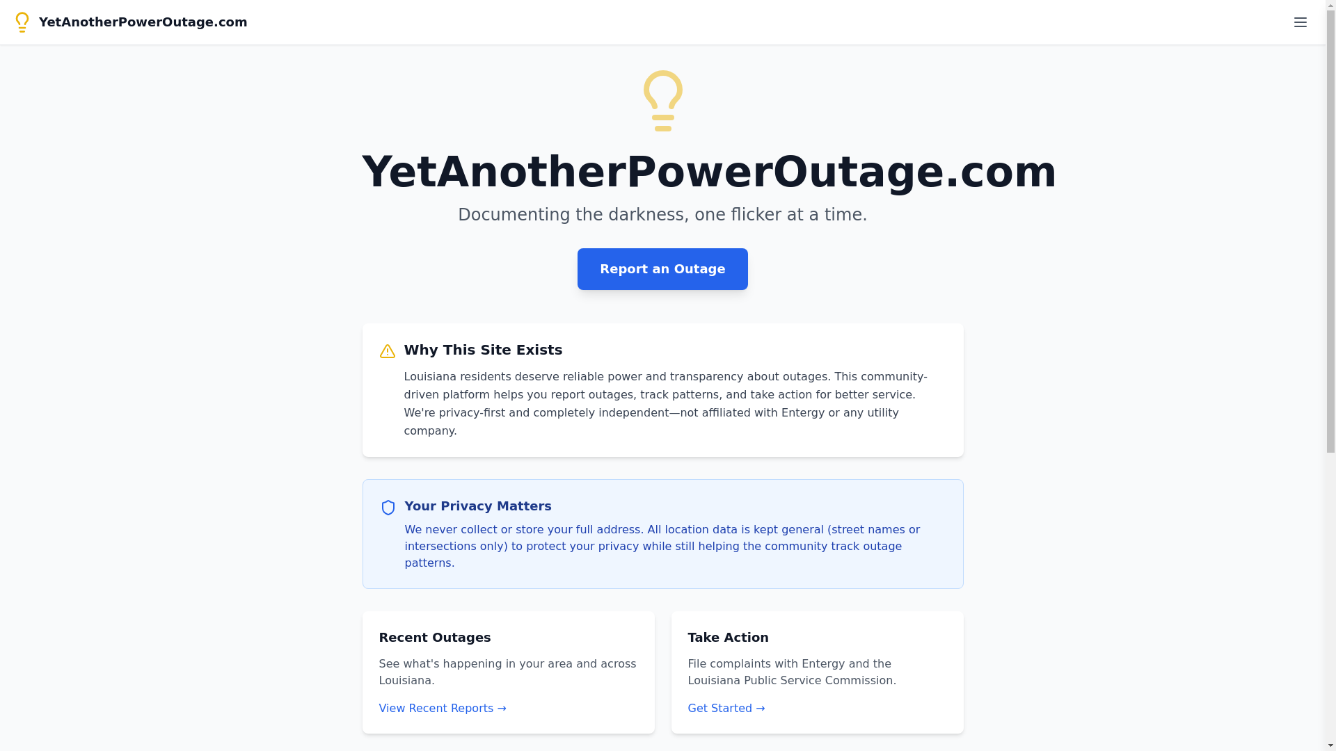 website screenshot of https://yetanotherpoweroutage.com/
