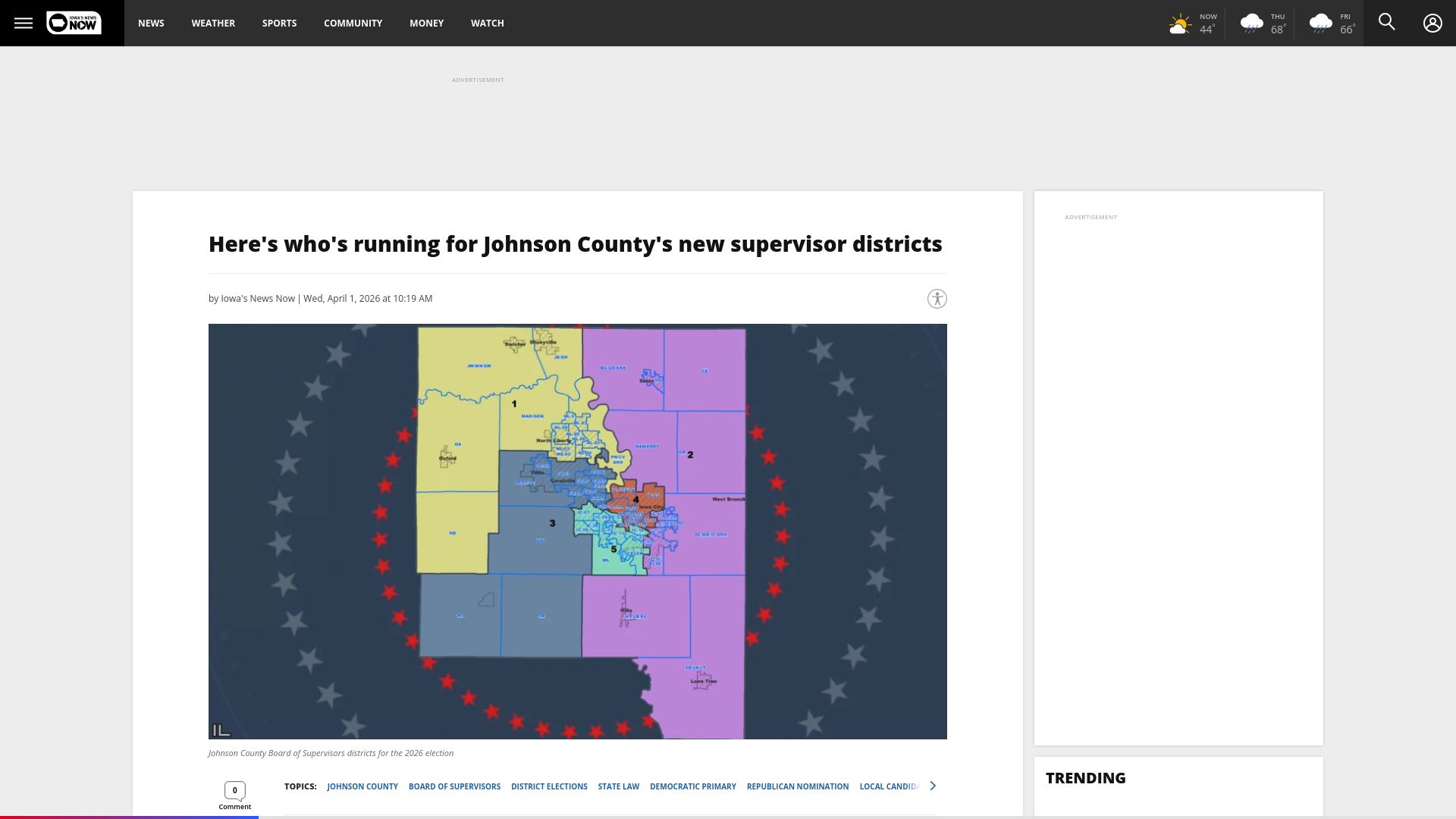 website screenshot of https://cbs2iowa.com/news/local/heres-whos-running-for-johnson-countys-new-supervisor-districts