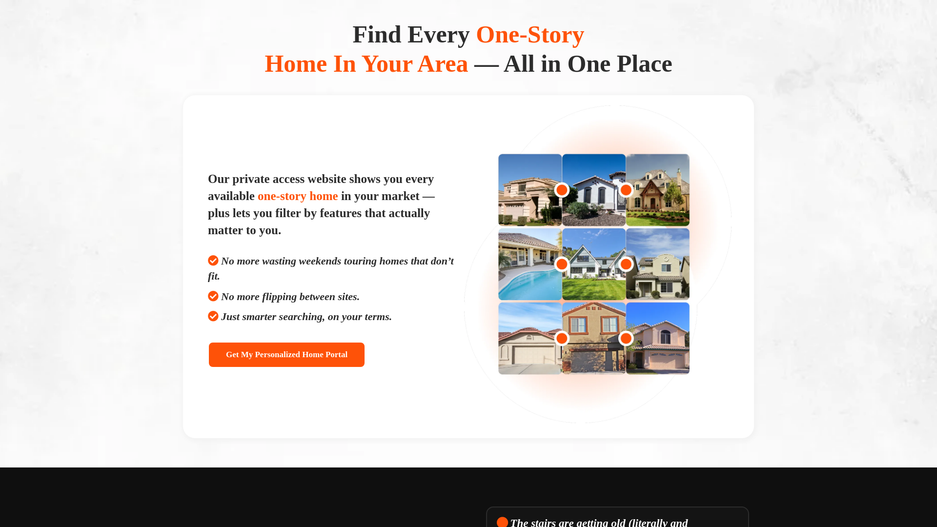 website screenshot of https://homeswithoutstairs.com