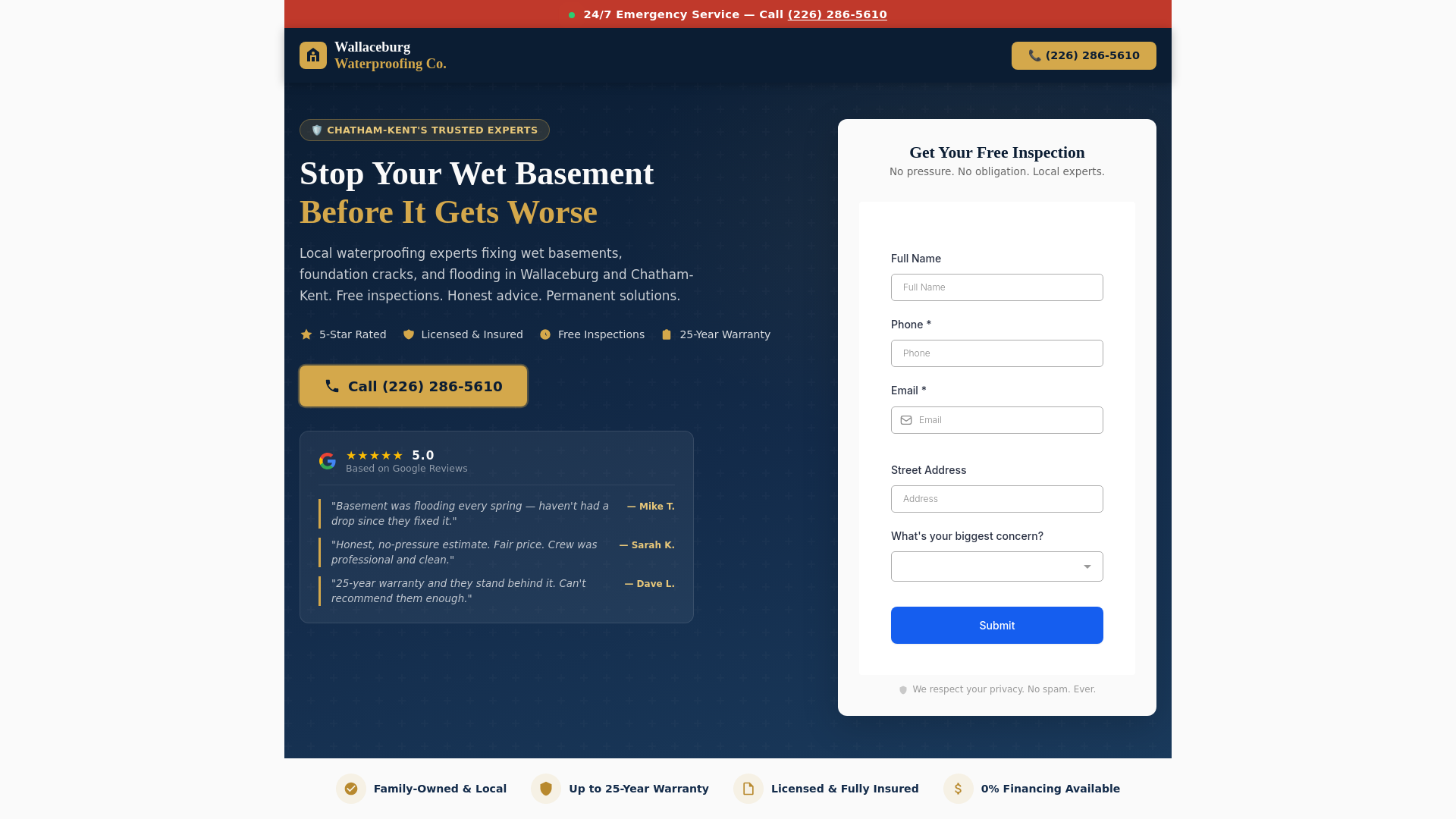 website screenshot of https://wallaceburgwaterproofing.ca