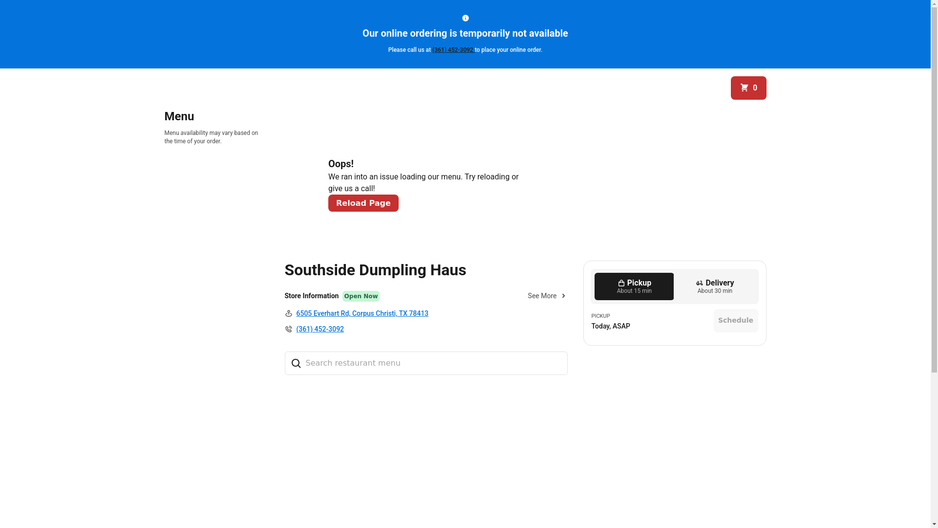website screenshot of https://southsidedumplinghaus.com/