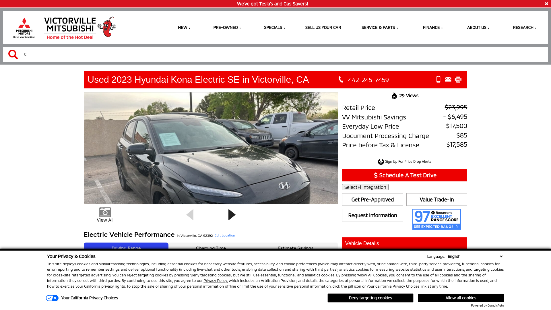 website screenshot of https://www.victorvillemitsubishi.com/auto/*/118523357?store={store_code}