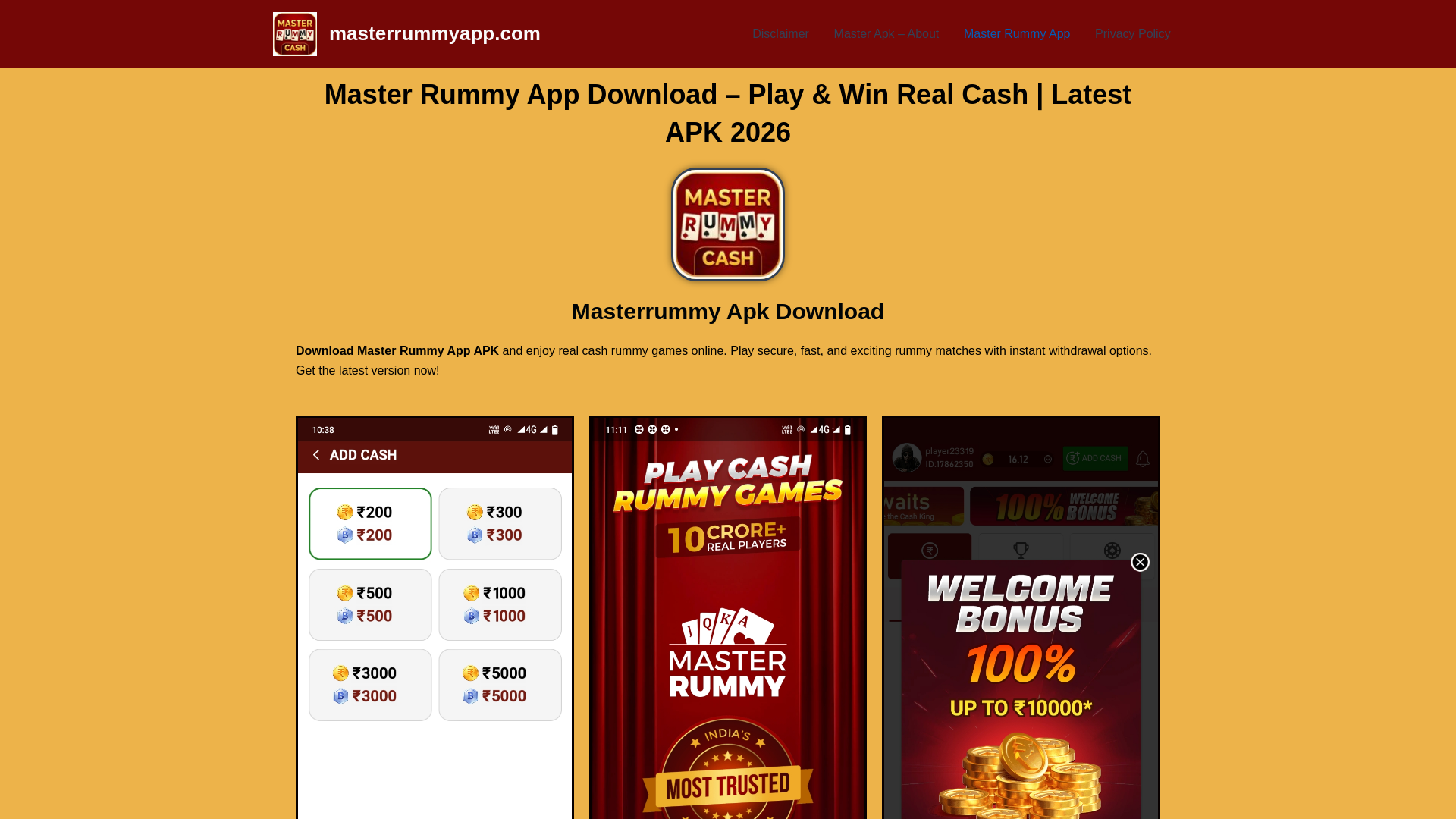 website screenshot of https://masterrummyapp.com