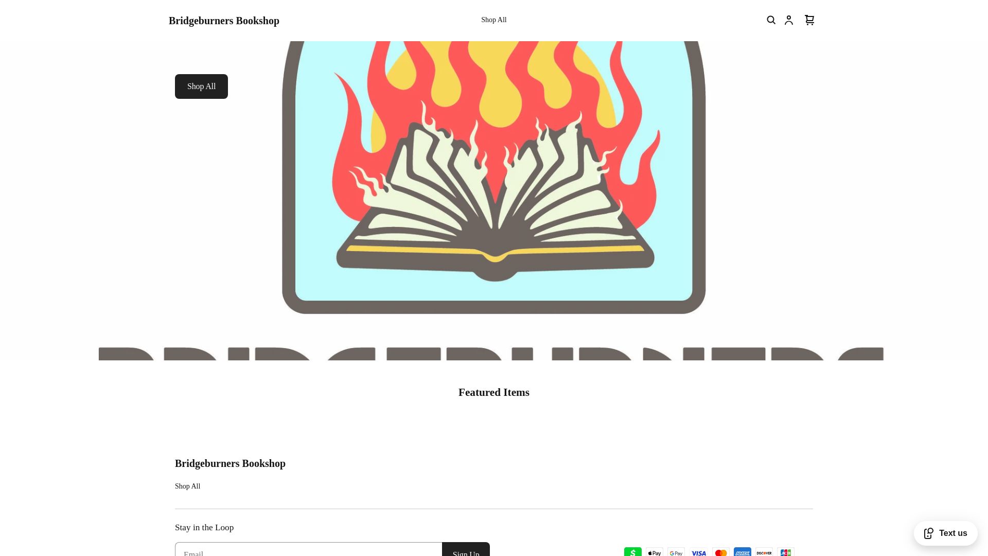 website screenshot of https://bridgeburnersbookshop.com/