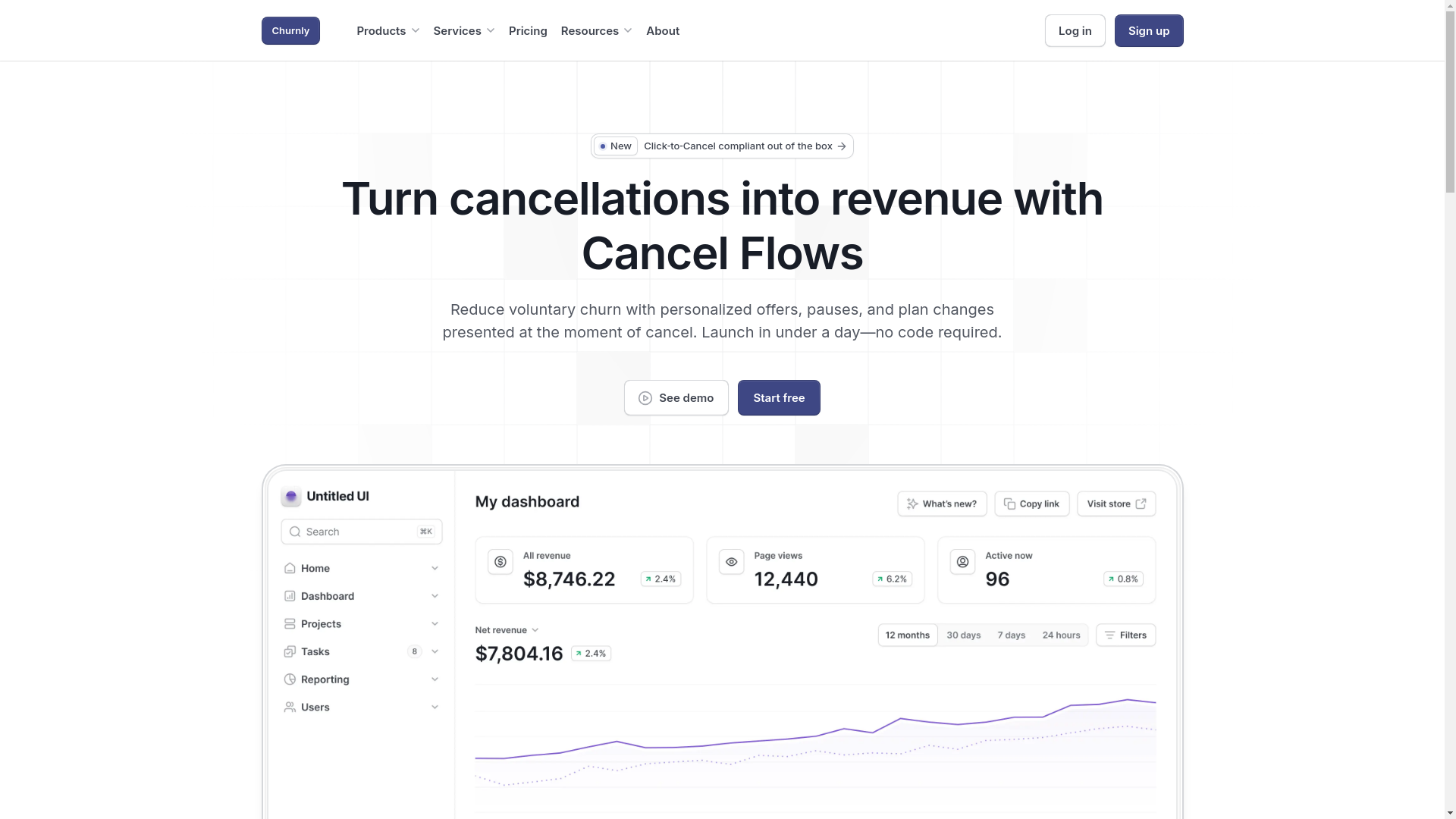 website screenshot of https://churnly.io/