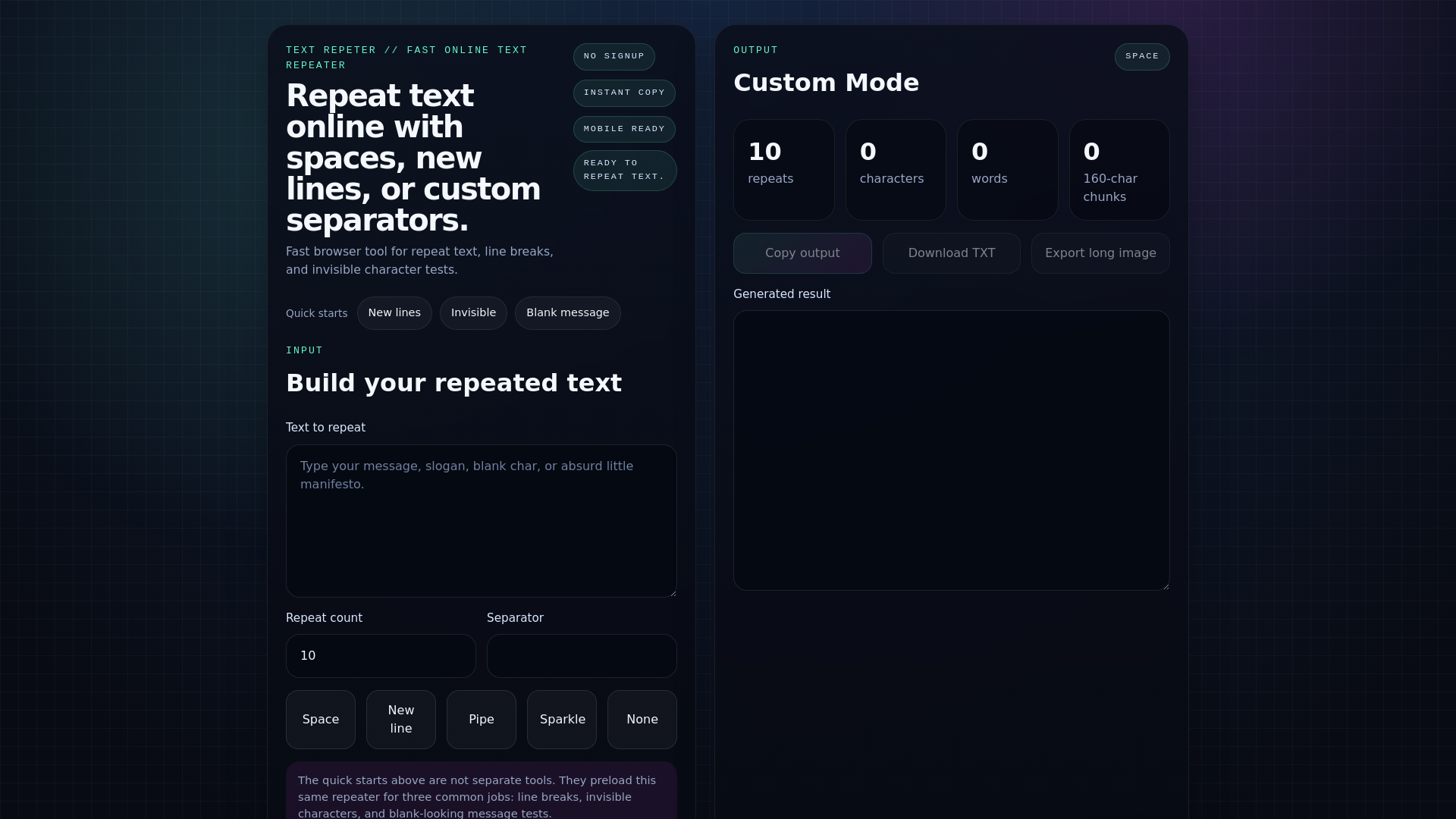 website screenshot of https://textrepeter.org