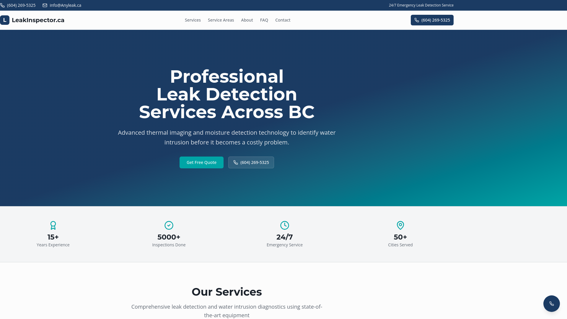 website screenshot of https://leakinspector.ca