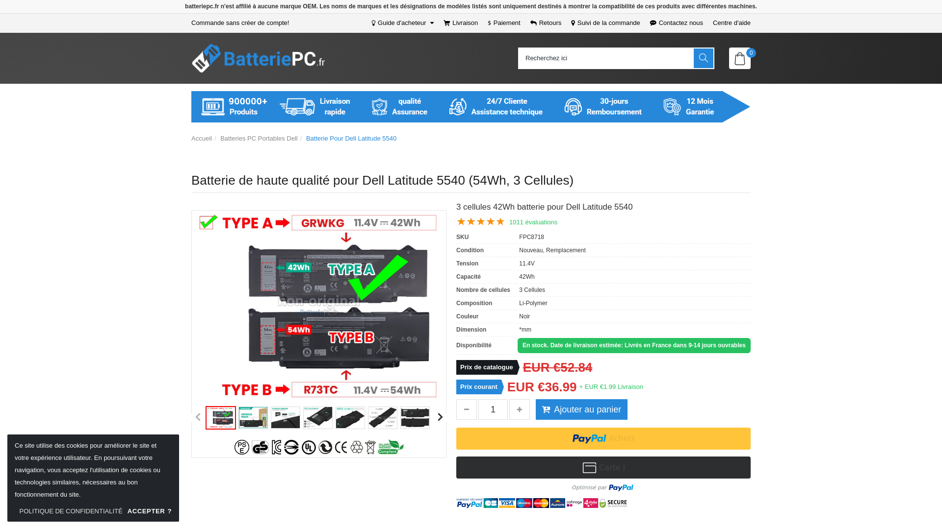 website screenshot of https://www.batteriepc.fr/batteries-dell/batterie-dell-latitude-5540-notebook-pc.htm