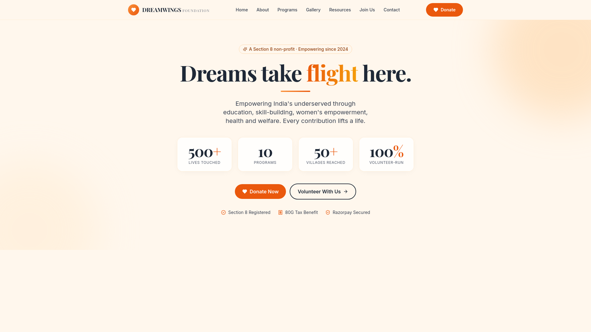 website screenshot of https://dreamwingsfoundation.com/