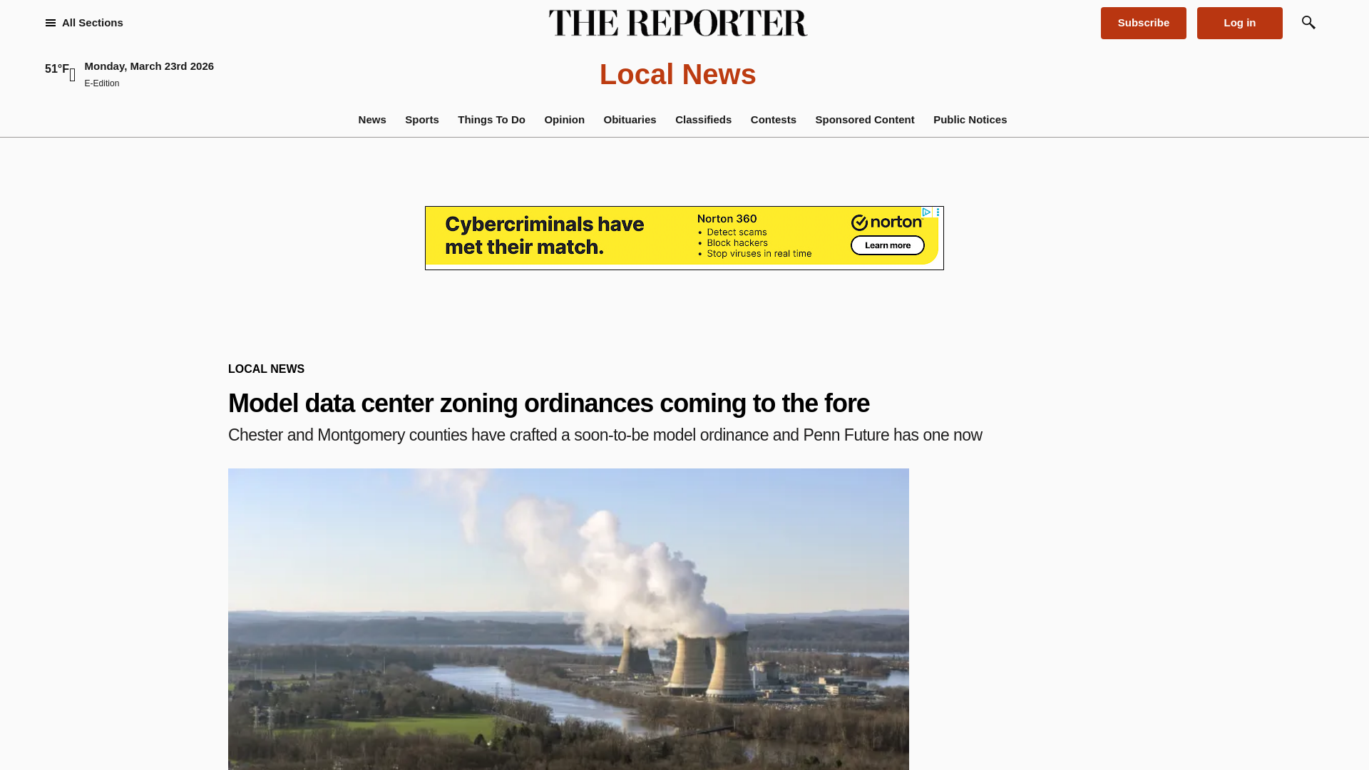 website screenshot of https://www.thereporteronline.com/2026/03/23/model-data-center-zoning-ordinances-coming-to-the-fore/