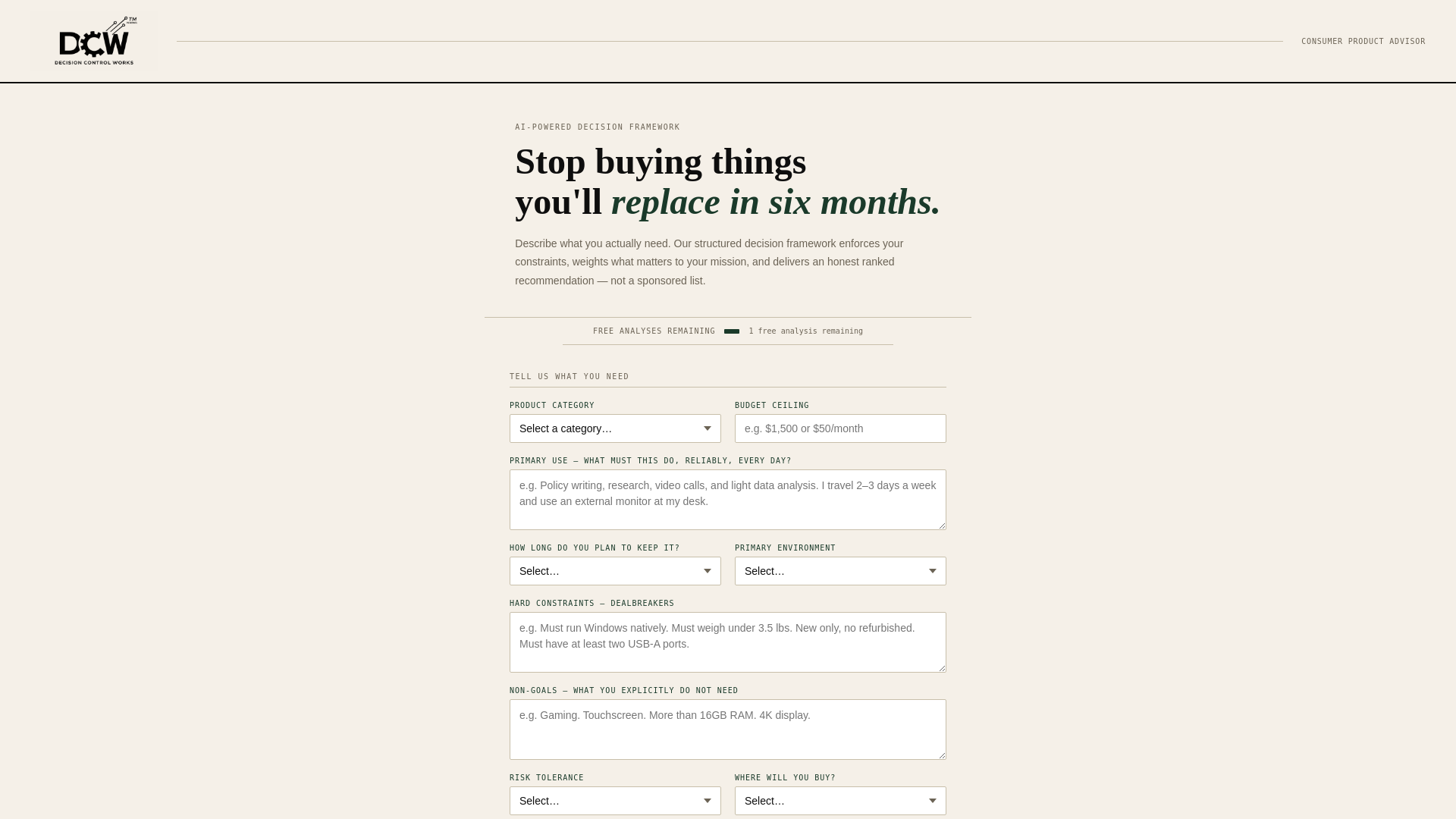 website screenshot of https://decisioncontrolworks.com/