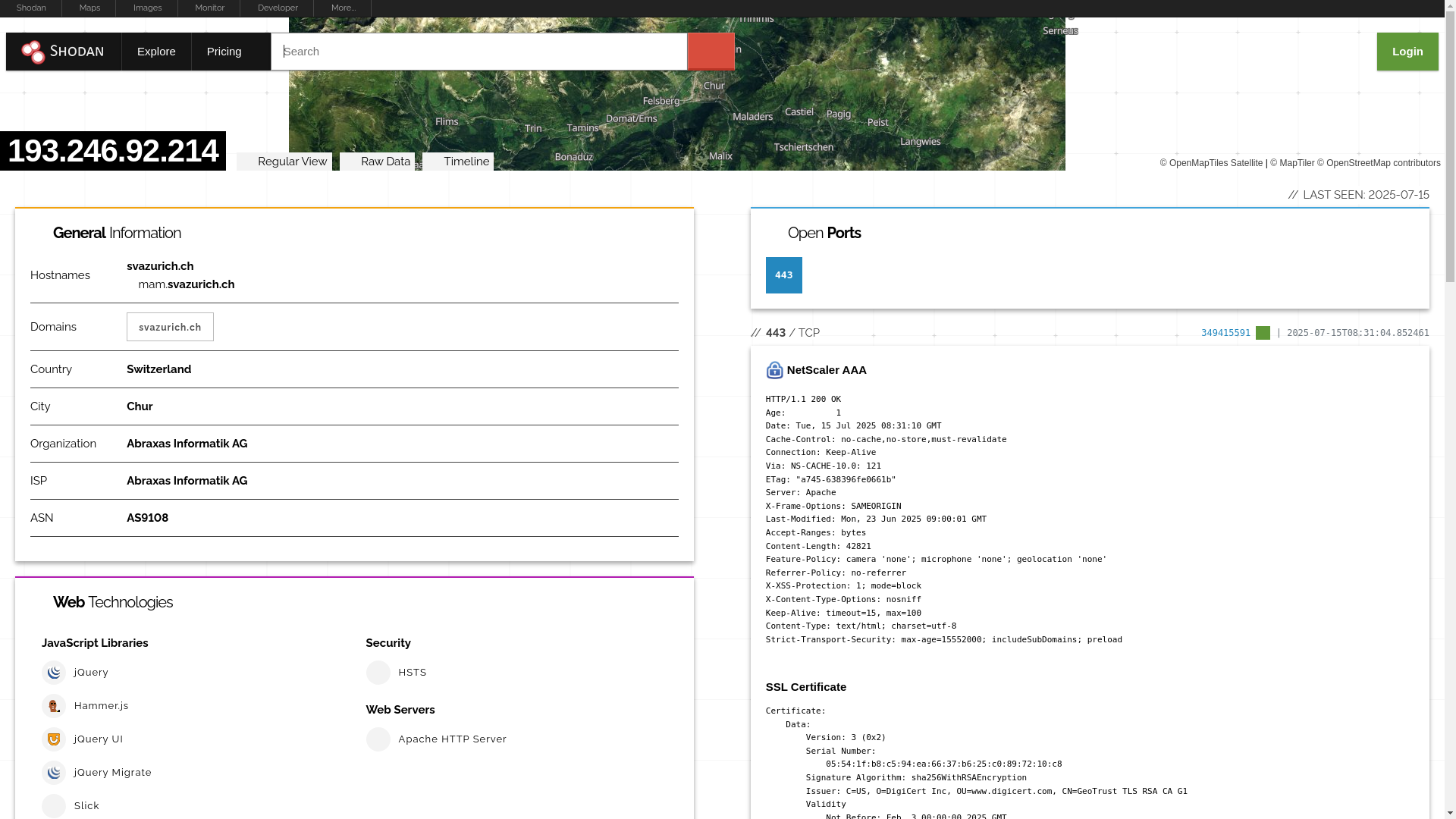 website screenshot of https://www.shodan.io/host/193.246.92.214