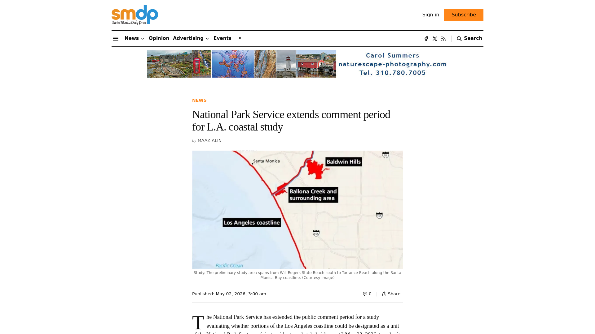 website screenshot of https://www.smdp.com/national-park-service-extends-comment-period-for-l-a-coastal-study/