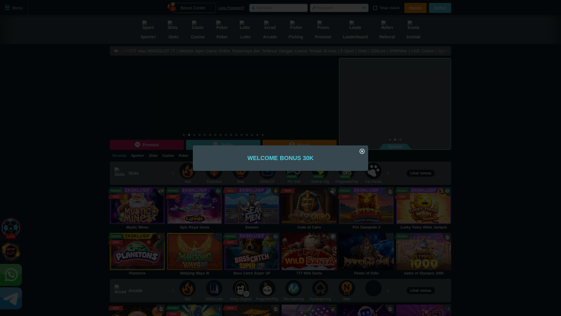 website screenshot of https://wingslots77champ.site/