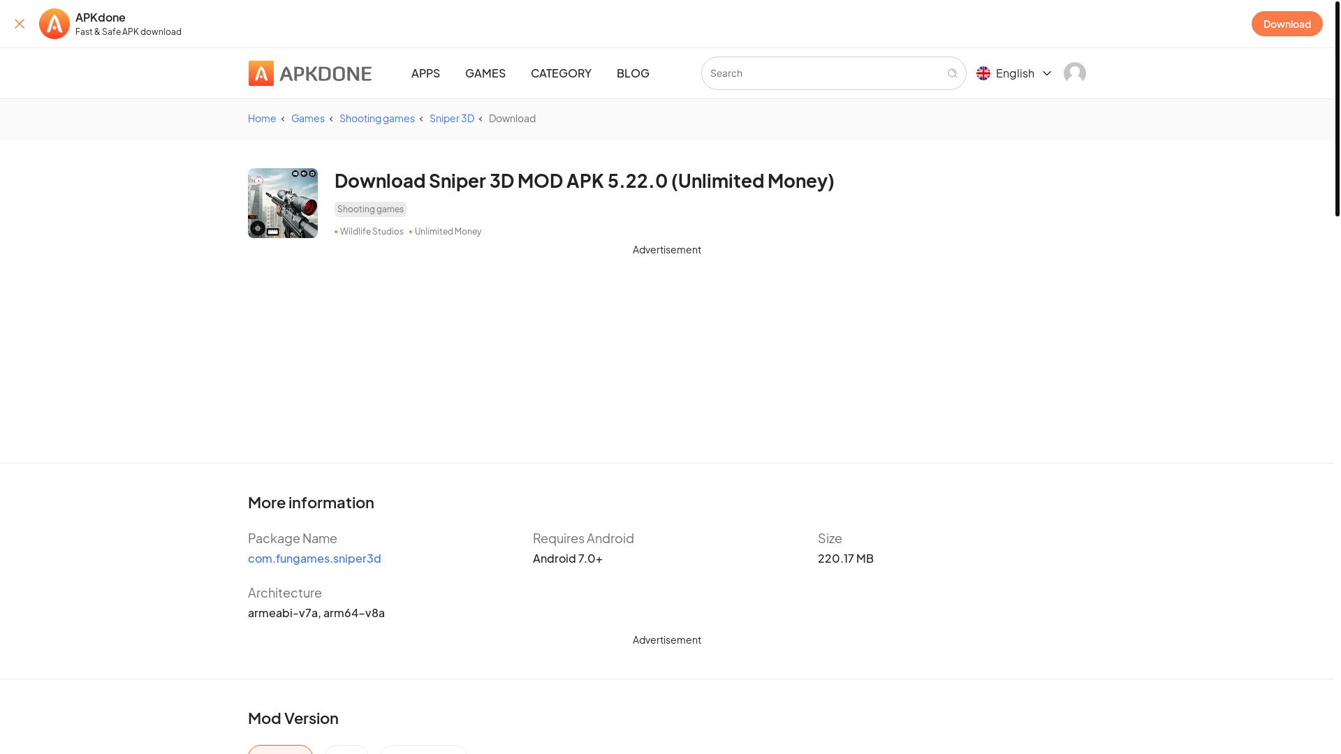 website screenshot of https://apkdone.com/sniper-3d-gun-shooter/download/