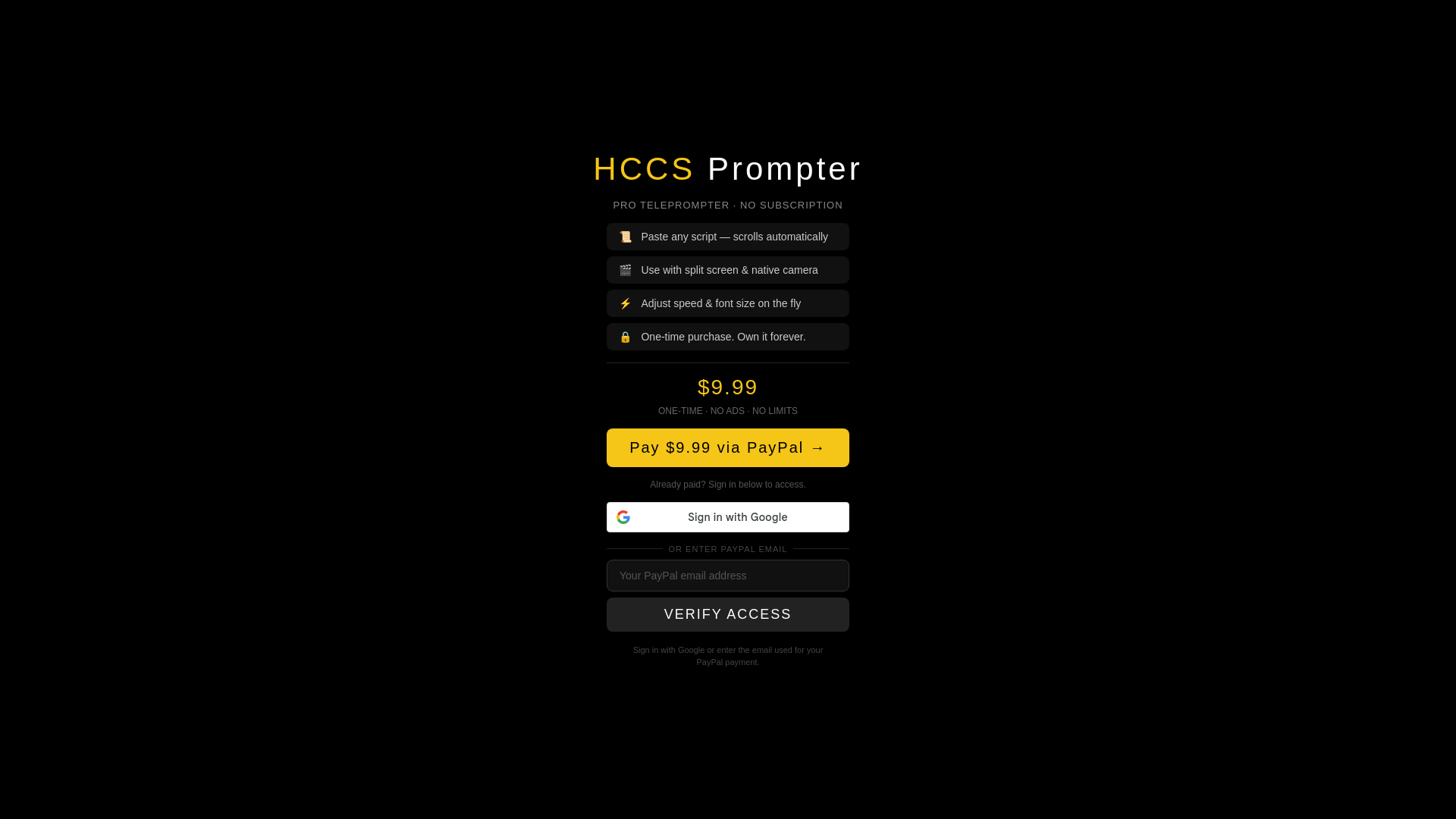 website screenshot of https://hccsprompter.com/