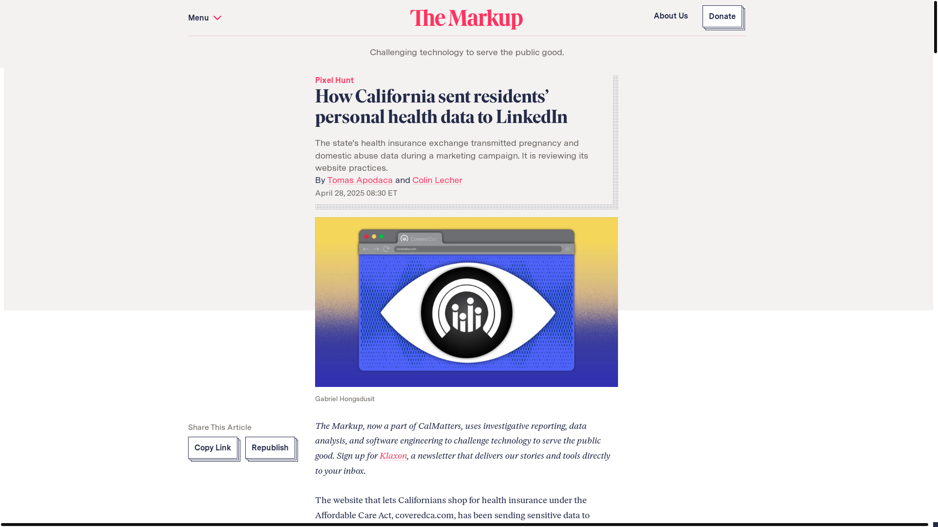 website screenshot of https://themarkup.org/pixel-hunt/2025/04/28/how-california-sent-residents-personal-health-data-to-linkedin