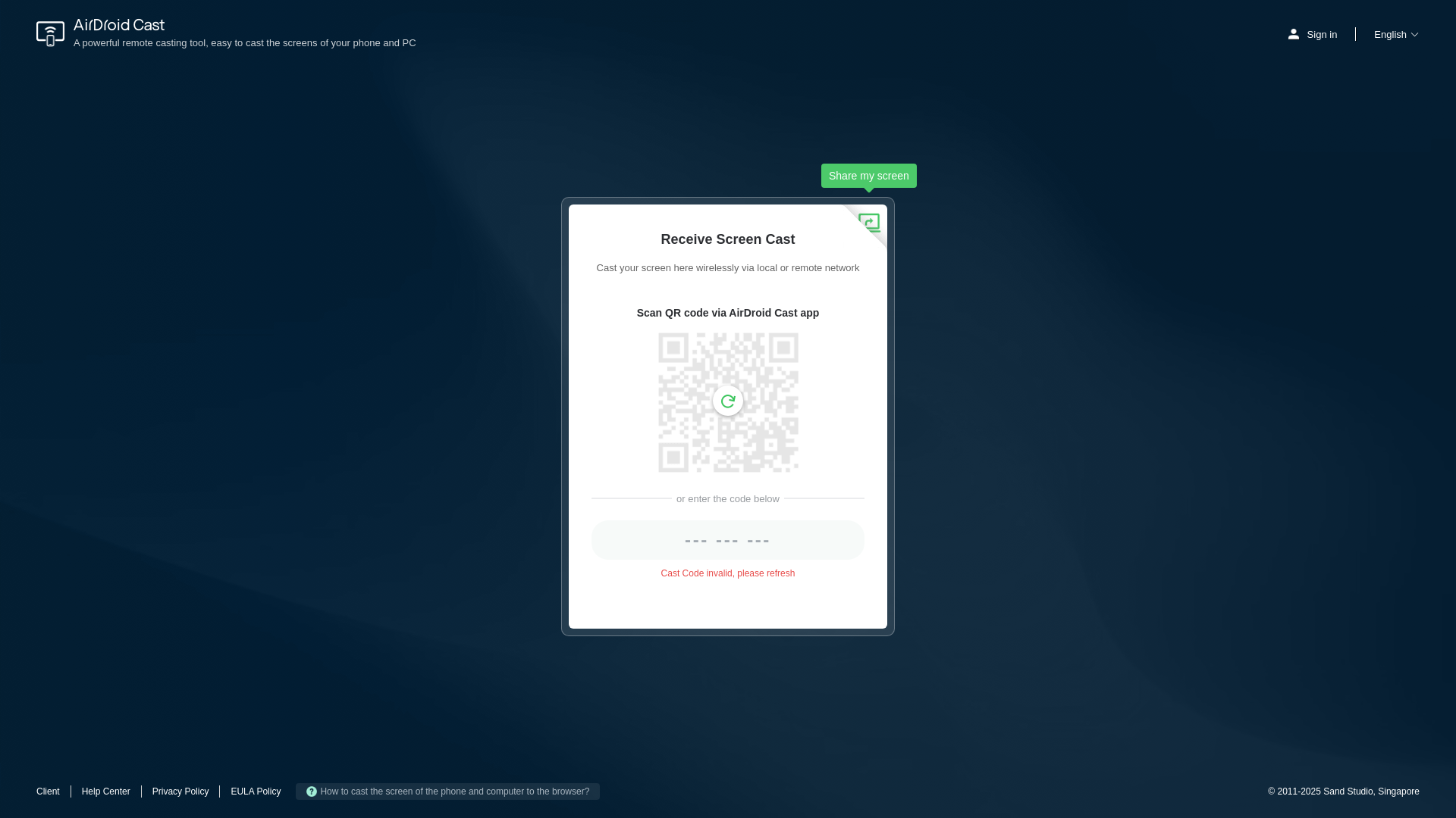 website screenshot of https://webcast.airdroid.com/Home