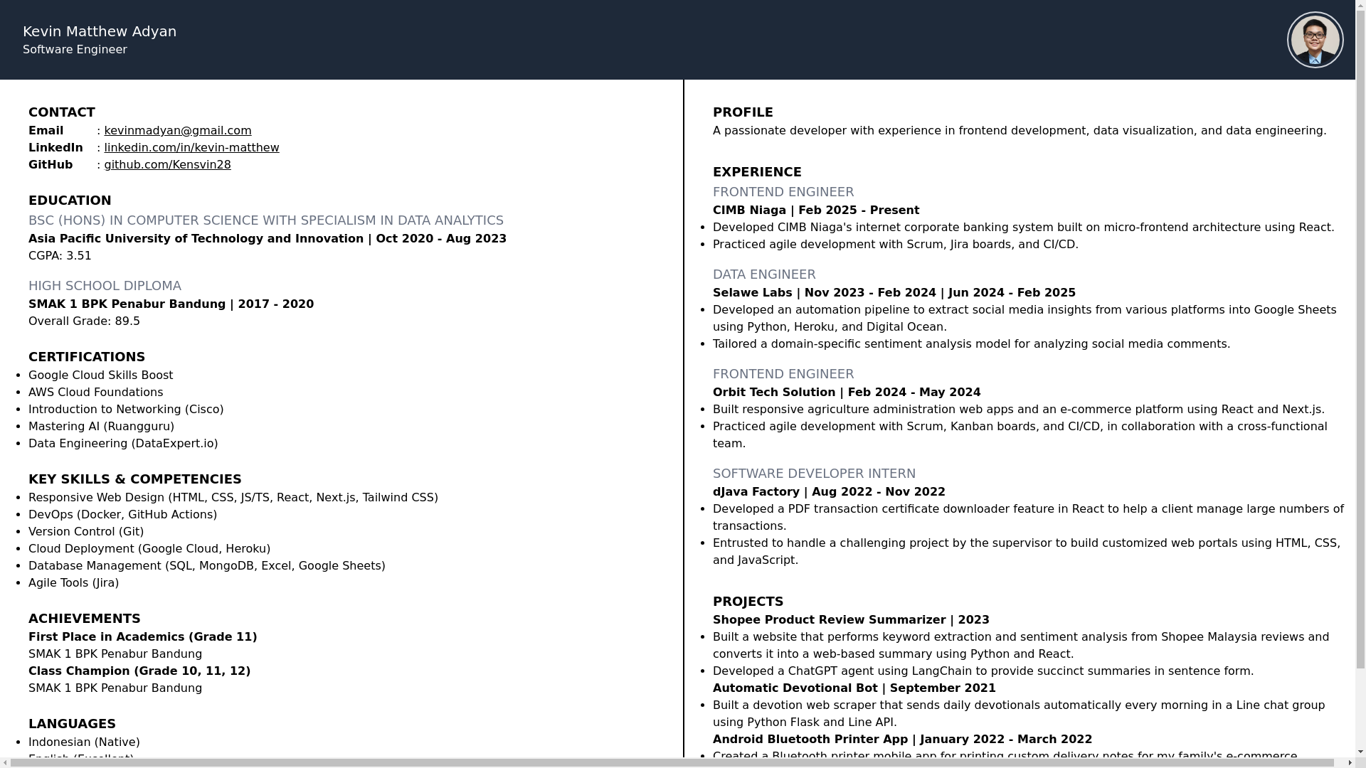 website screenshot of https://kevin-matthew-adyan-cv.pages.dev/