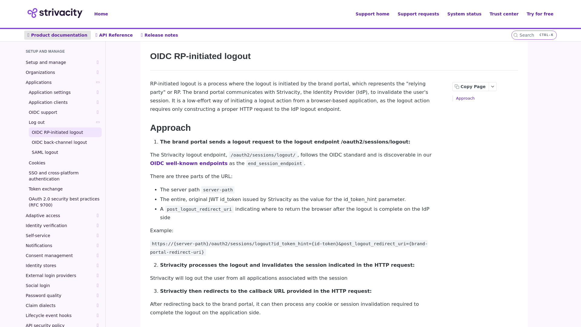 website screenshot of https://docs.strivacity.com/docs/oidc-rp-initiated-logout
