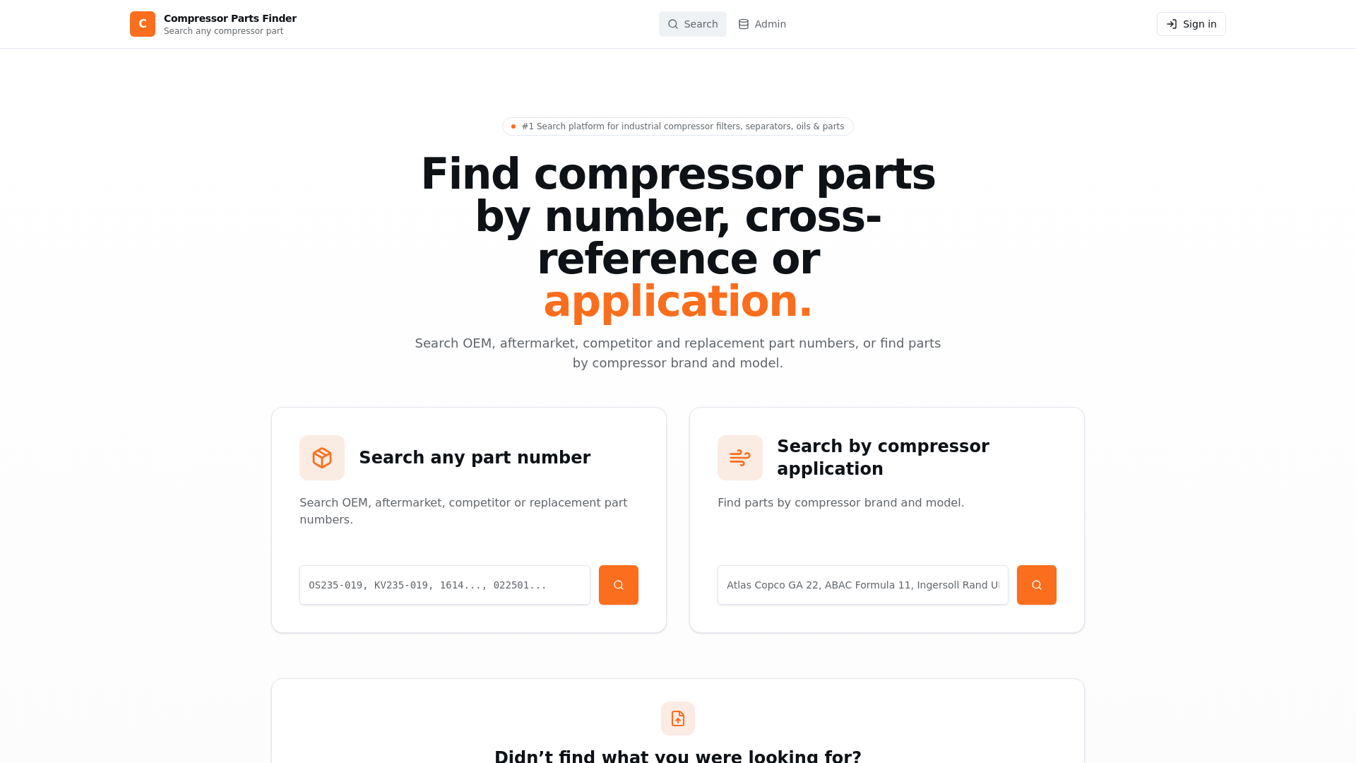 website screenshot of https://compressorpartsfinder.com/