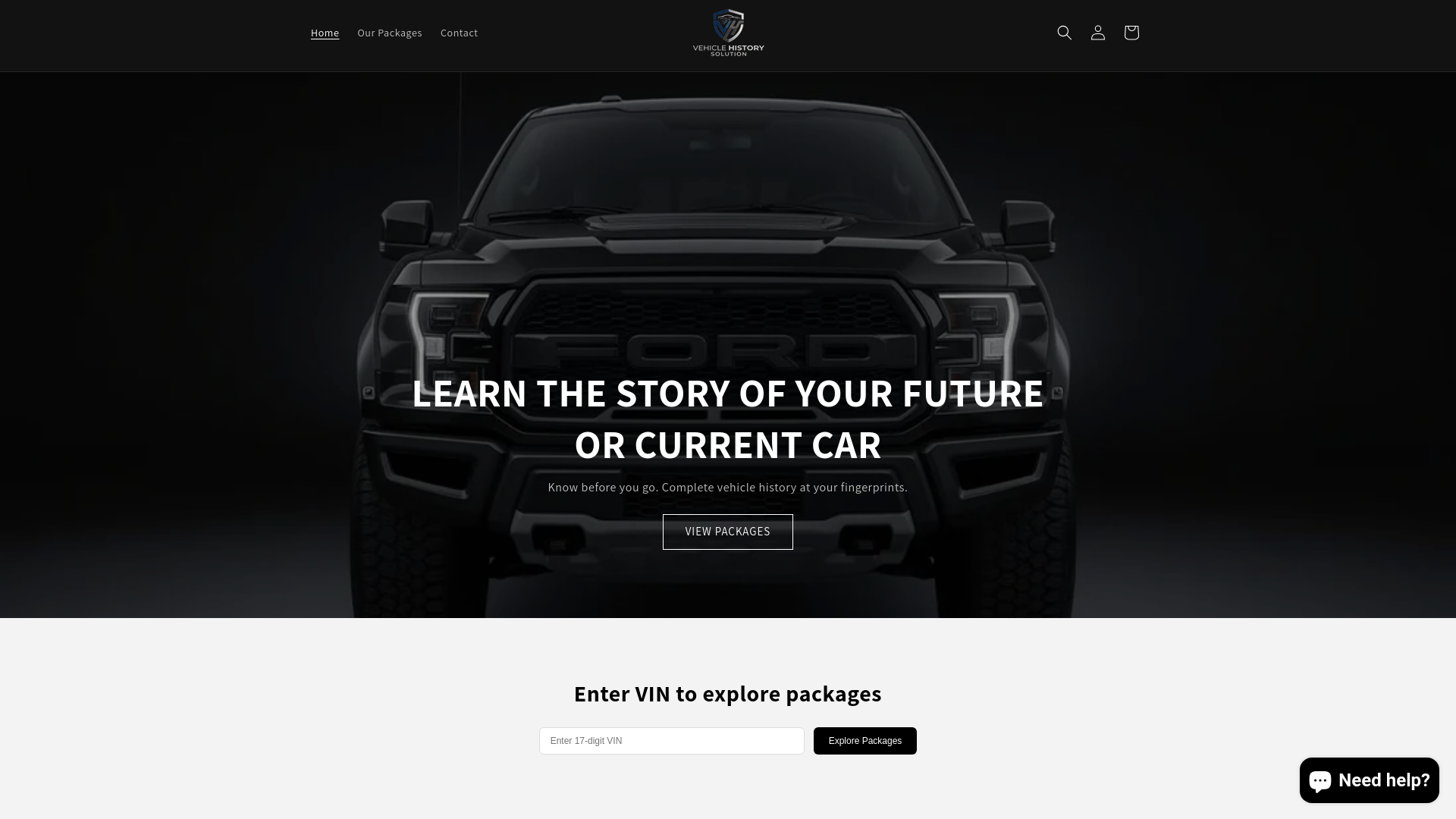 website screenshot of https://vehiclehistorysolutions.com