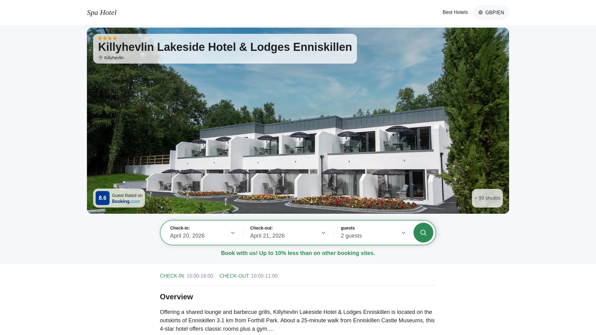 website screenshot of https://killyhevllakesidelodges.spahotel.guru
