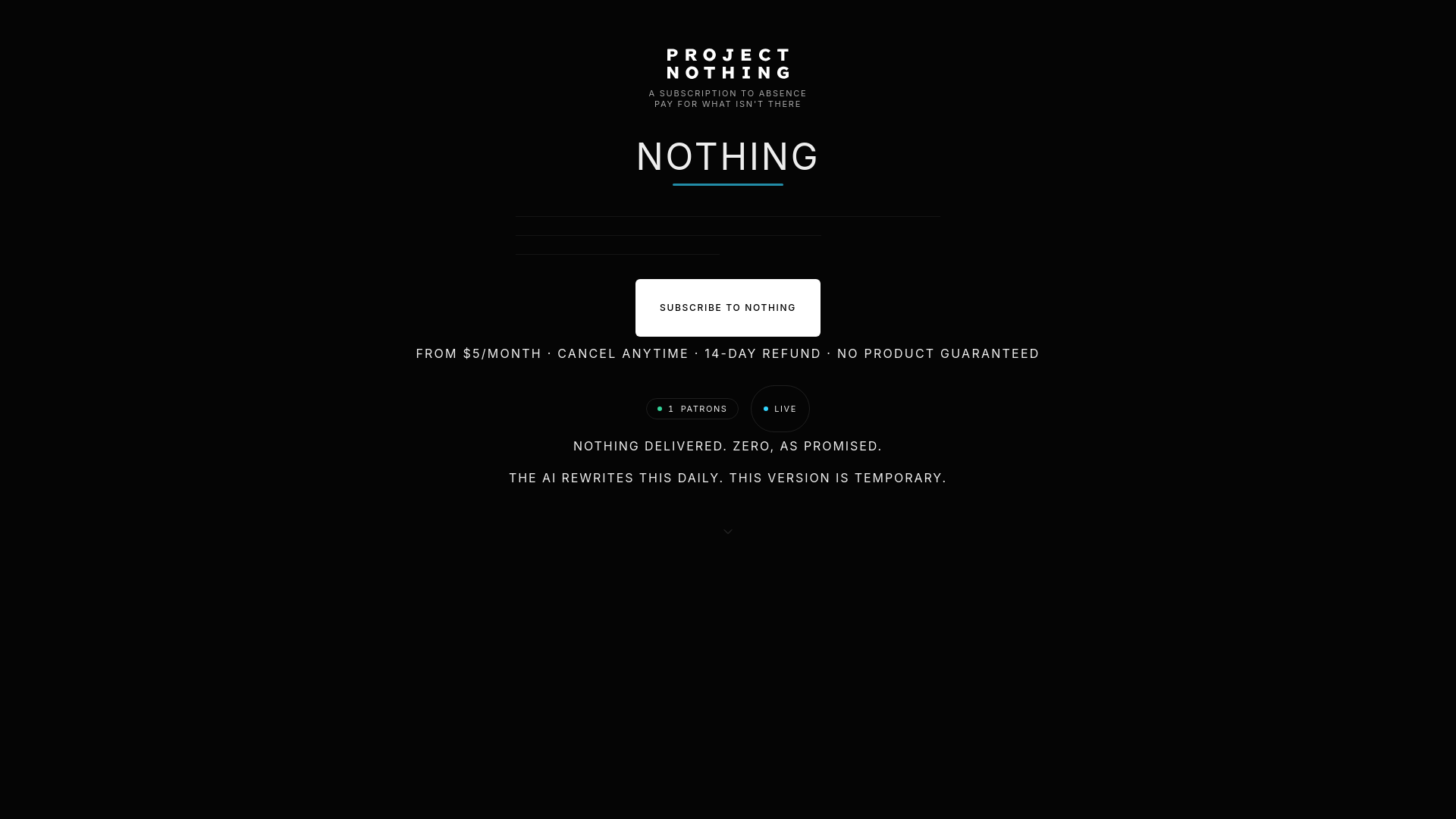 website screenshot of https://projectnothing.ai