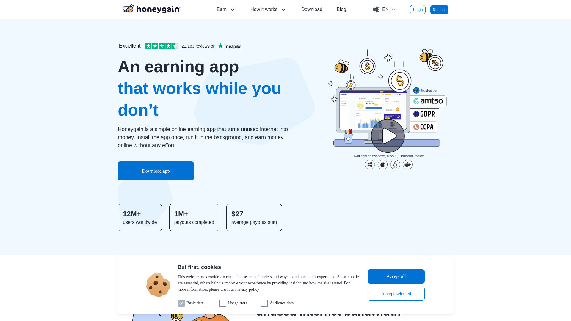 website screenshot of http://honeygain.io/