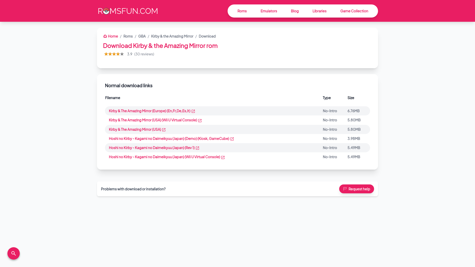 website screenshot of https://romsfun.com/download/kirby-the-amazing-mirror-3568