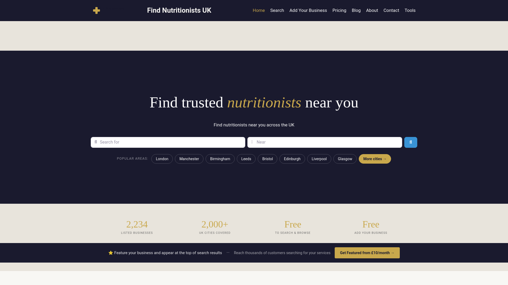 website screenshot of https://findnutritionists.co.uk