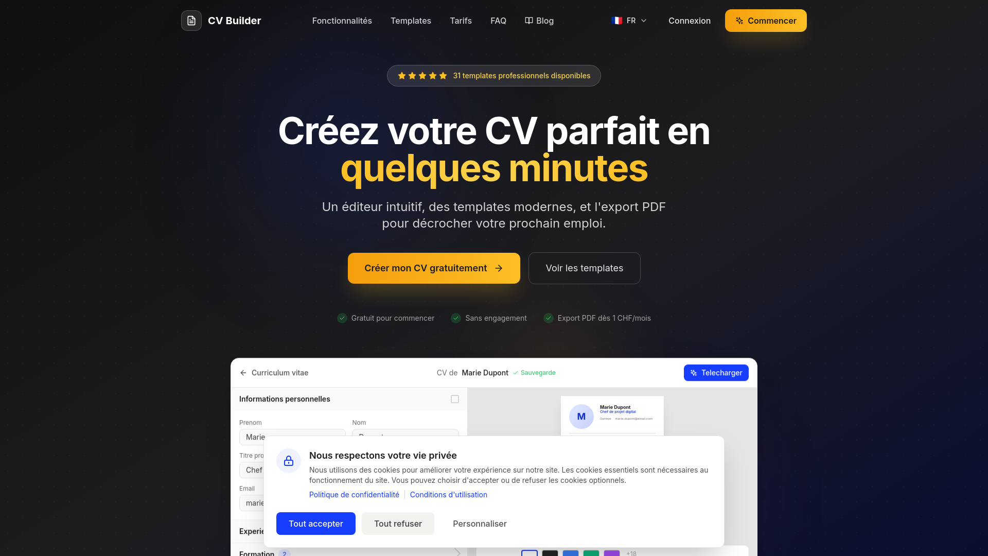 website screenshot of https://cv-builder.ch/