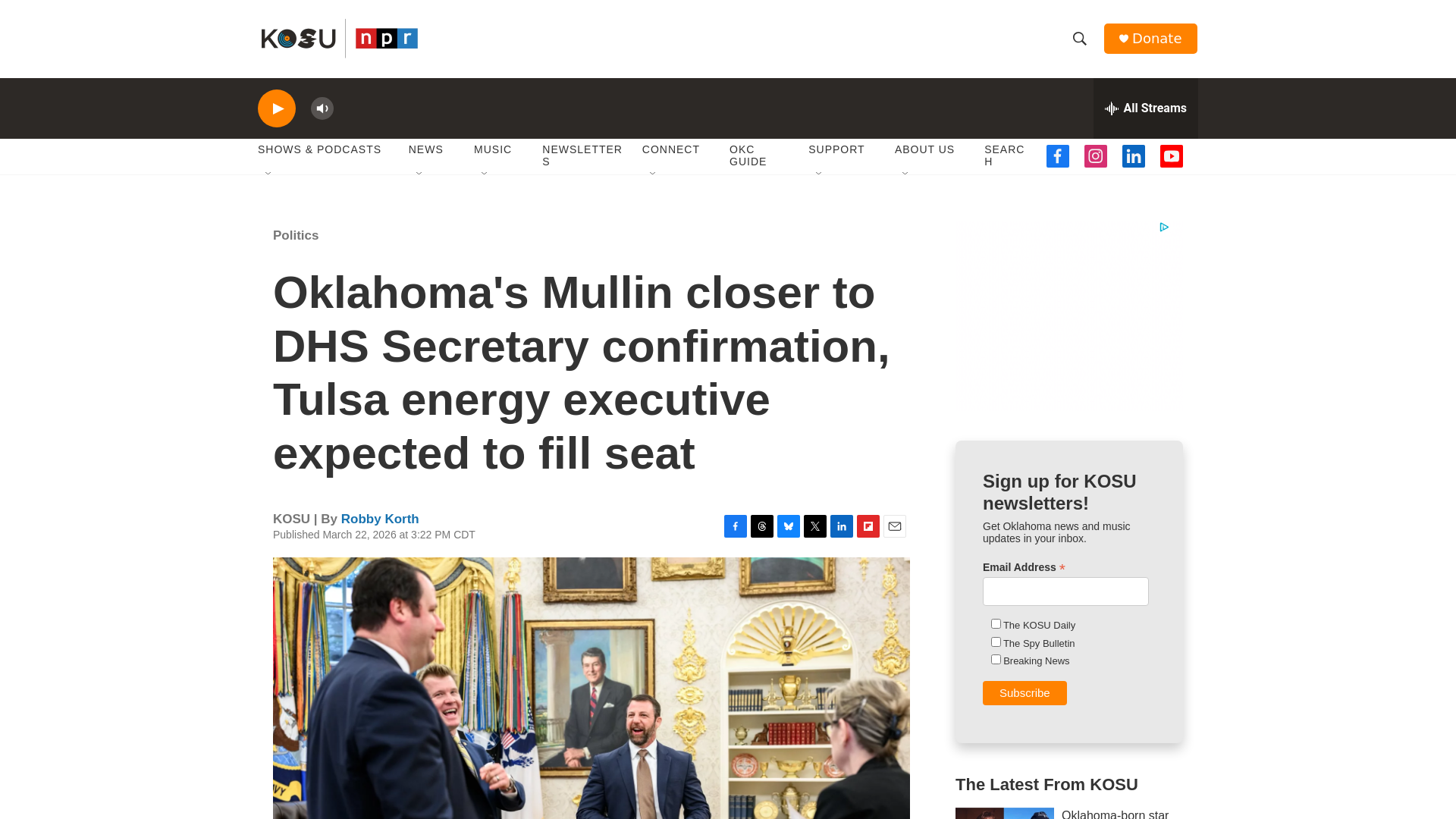 website screenshot of https://www.kosu.org/latest-on-mullin-dhs-confirmation