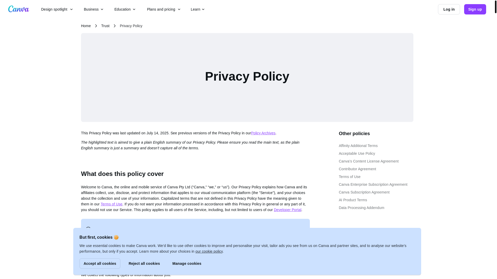 website screenshot of https://trail.canva.com/CL0/https:%2F%2Fwww.canva.com%2Fpolicies%2Fprivacy-policy%2F/1/010001980b5fbc48-9ffa8629-76f1-4d06-909b-6b4b7d2f8f3a-000000/ZFYAywFBfHUTDByjbYxRVyMgIE5lCO00ZEydXzPTpMQ=413