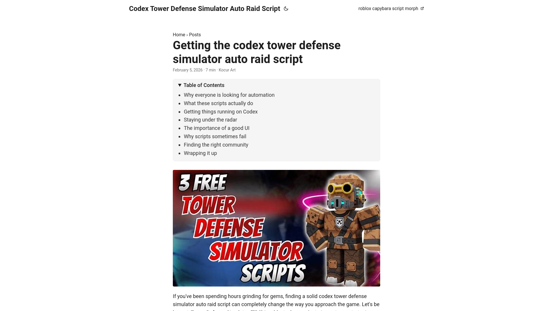website screenshot of https://codex-tower-defense-simulator-auto-raid-script.pages.dev/