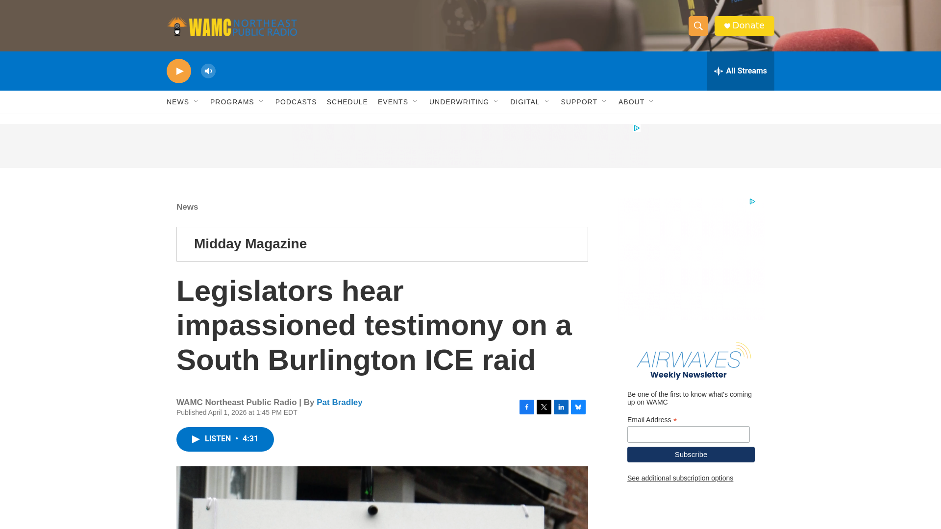 website screenshot of https://www.wamc.org/news/2026-04-01/legislators-hear-impassioned-testimony-on-a-south-burlington-ice-raid